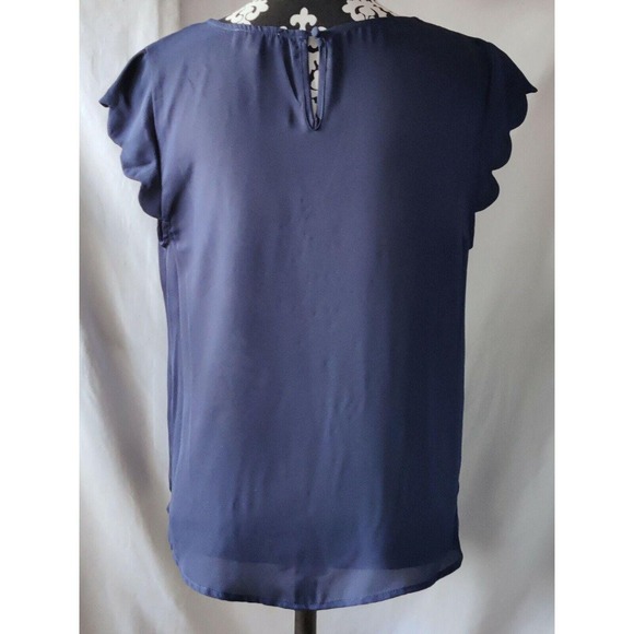 E&M Womens Chiffon Ruffle Short Sleeve Pullover Top Blouse Navy Blue Size M - Picture 3 of 9